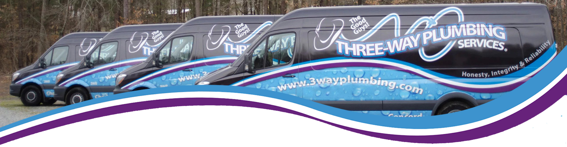 Banner of Three Way Plumbing vans parked next to eachother